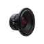 DD Audio 310e-D2, 10 colių automobilinis žemų dažnių garsiakalbis, priekinis vaizdas kampu, juoda membrana su raudonu DD Audio logotipu ir prijungimo gnybtai.