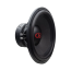 DD Audio 515e-D2, 380 mm automobilinis žemų dažnių garsiakalbis, priekinis vaizdas kampu su juoda membrana, raudonu DD Audio logotipu, plačia pakaba ir tvirtu plieniniu korpusu.