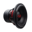 DD Audio 815f-D1, 380 mm automobilinis žemų dažnių garsiakalbis, vaizdas kampu su juoda membrana, raudonu DD Audio logotipu ir masyvia magnetine sistema.