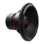 DD Audio 818f-D1, 460 mm automobilinis žemų dažnių garsiakalbis, priekinis ir šoninis vaizdas su raudonu DD Audio logotipu, juoda membrana ir masyvia magnetine sistema.