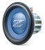 DD Audio Z 315 D1, 380 mm žemų dažnių garsiakalbis, priekinis ir šoninis vaizdas su mėlyna membrana ir neodimio magnetų konstrukcija.