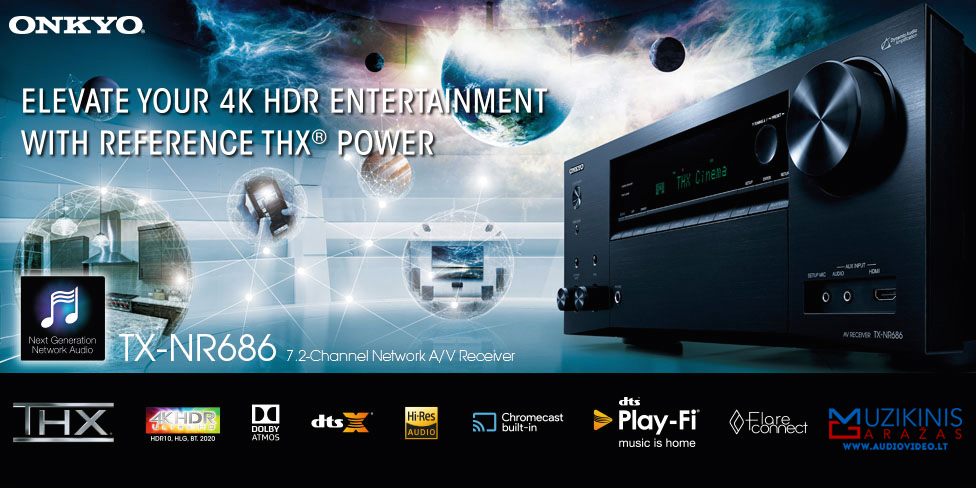 Naujiena | pirmas žvilgsnis - Onkyo TX-NR686 7.2 namų kino stiprintuvas resyveris Bluetooth WiFi 7x240W AirPlay Spotify® Chromecast DTS Play-Fi® iPhone Android | nemokamas pristatymas