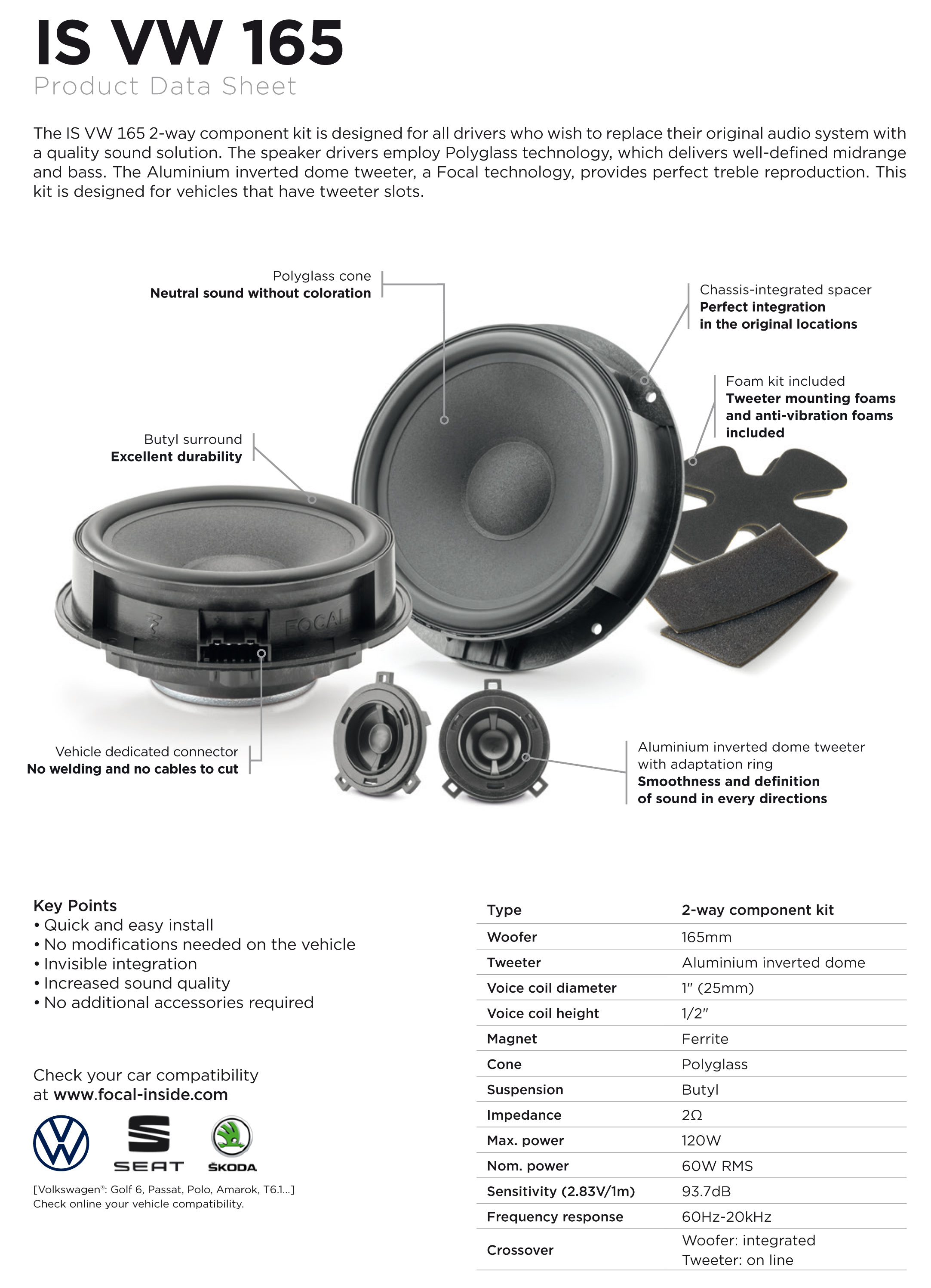 Focal IS 165 VW garsiakalbiai VW, SKODA, SEAT automobiliams Focal165 VW Garsiakalbiai Automobiliui